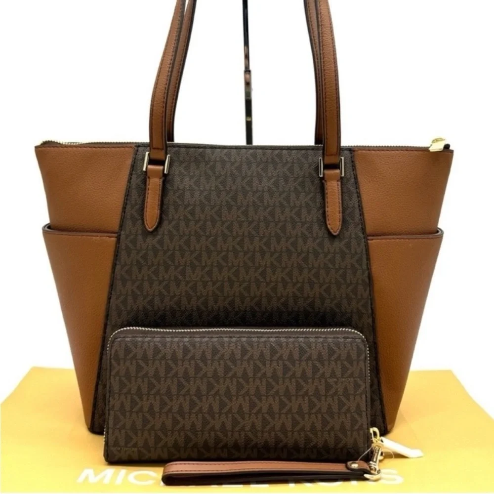 Michael Kors Large Charlotte Tote Bag & Continental Wallet Luggage Brown